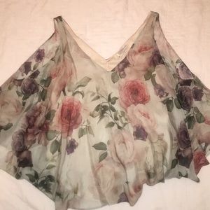 Lavender Brown: Floral Cold Shoulder V-Neck Blouse